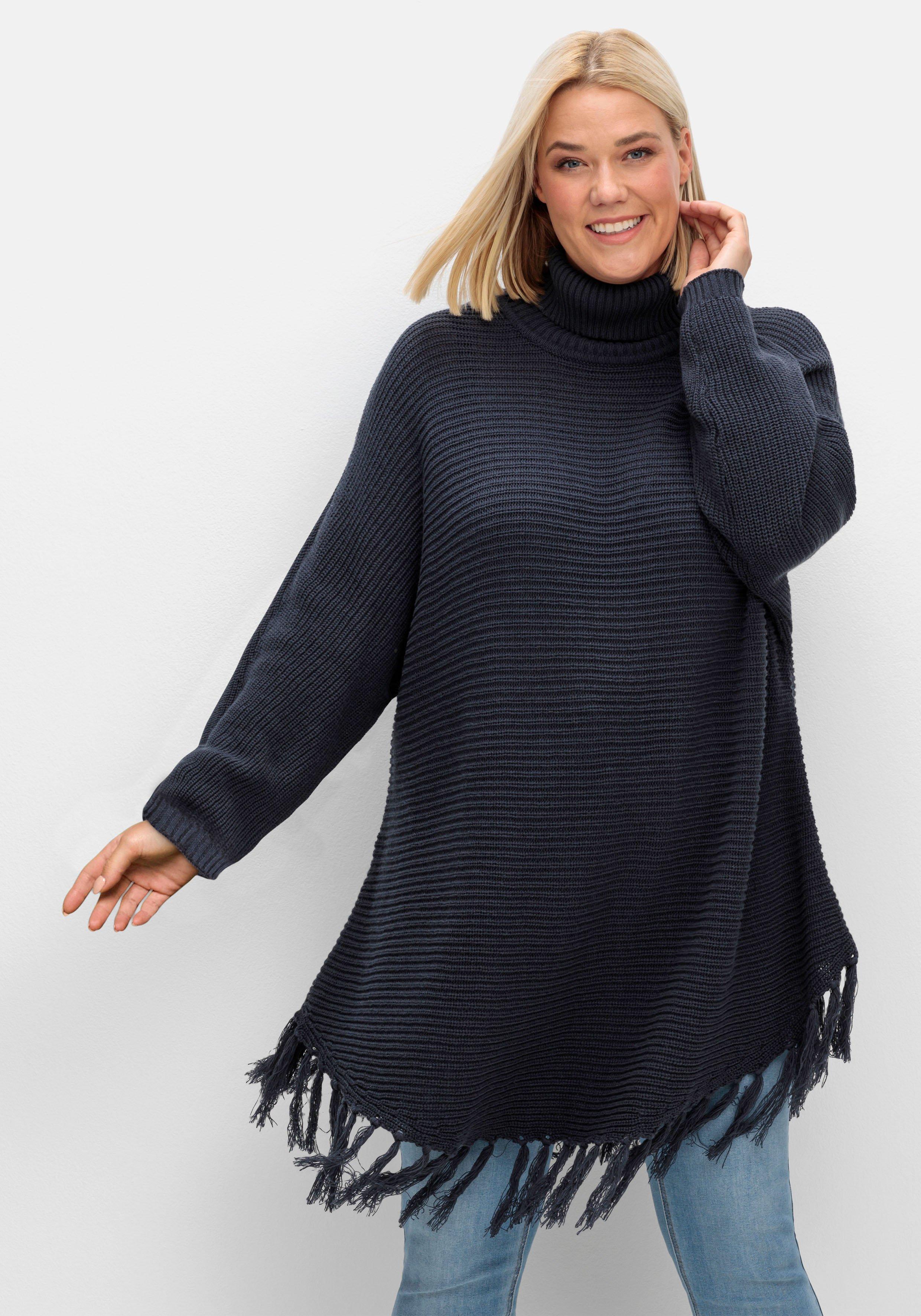 Gerippter Poncho-Pullover mit Fransensaum