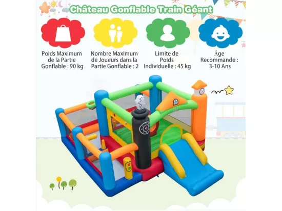 5 en 1 Château Gonflable avec Toboggan, Aire de Jeux Gonflable avec Thème de Train, 3 Fosses à Balles, Panier de Basketball, 50 Balles Colorées (sans souffleur)