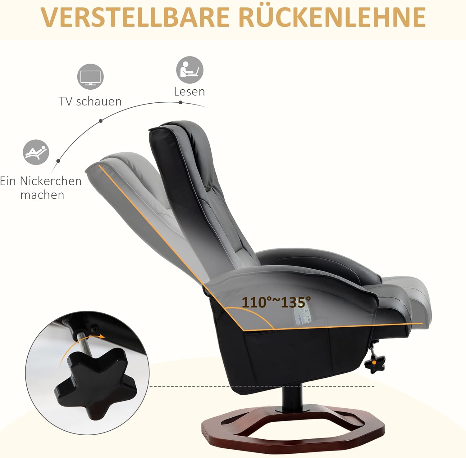 HOMCOM Sill&oacute;n de masaje con reposapi&eacute;s, funci&oacute;n de descanso, funci&oacute;n de descanso, sill&oacute;n reclinable con funci&oacute;n de masaje, giratorio 360&deg;, piel sint&eacute;tica, acero negro+marr&oacute;n, 73 x 83 x 106 c