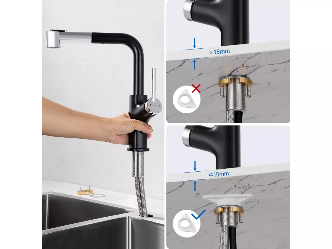 Lonheo Max Robinet de Cuisine Noir avec 40 CM Douchette Extractible Mitigeur Cuisine à 2 Jets Eau Froide/Chaude Mélangeur de Evier Cuisine,EU Modèle