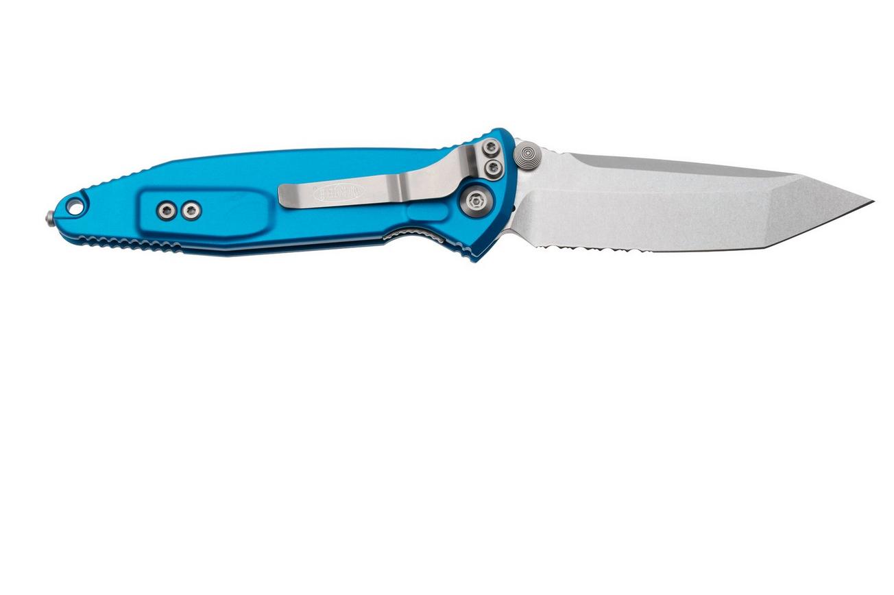 Microtech Socom Elite 161-11BL, Stonewashed M390 Tanto, Blue Aluminum partly serrated zakmes