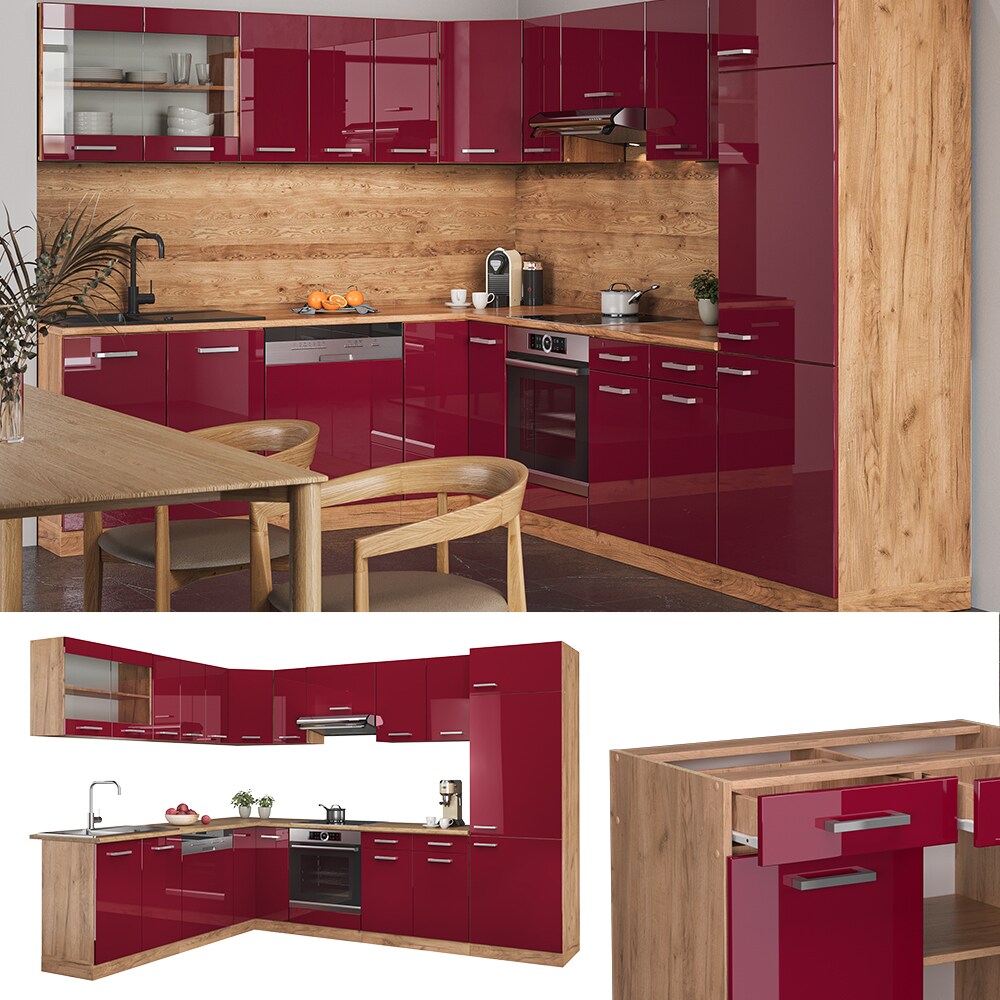Vicco Küchenzeile Küchenblock Einbauküche R-Line Ecke 287 x 277 Bordeaux HGL