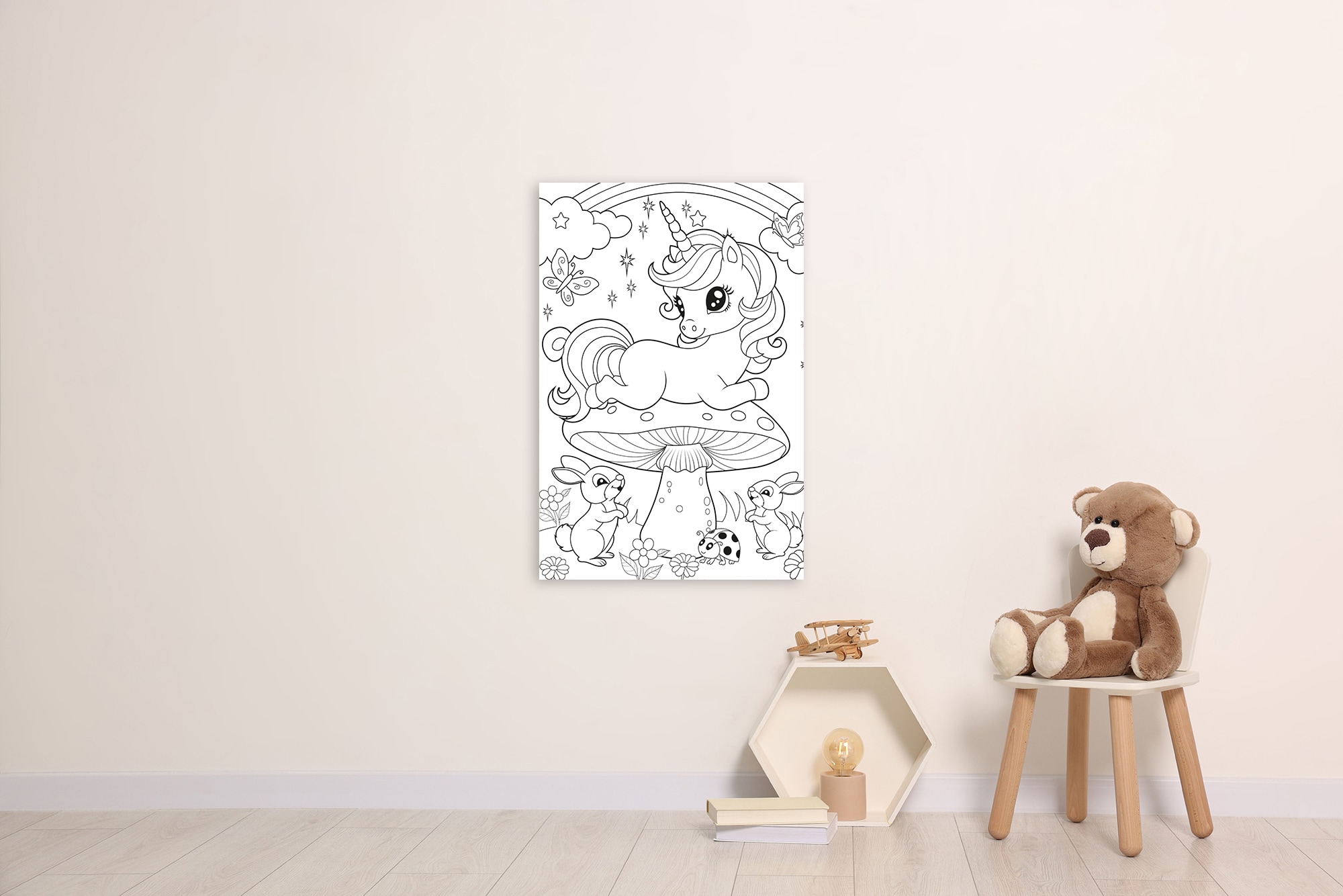 queence Bild »Einhorn auf Fliegenpilz« Blätter | Blätterbilder | Einhorn | Figuren | Mädchen | Märchen | Märchenbilder | Regenbogen | Schmetterlinge | klassische Fantasie 1 Stk. tlg. DIY Wandbild aus Dibond