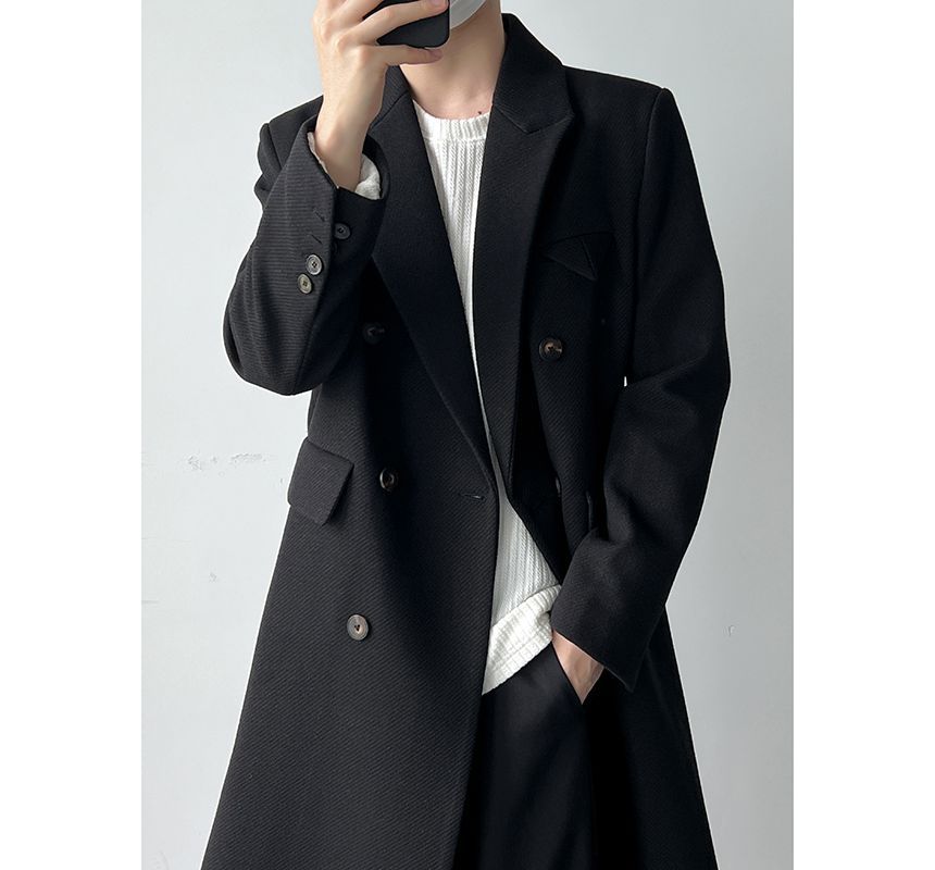Freehop - Peak Lapel Plain Midi Double-Breasted Coat