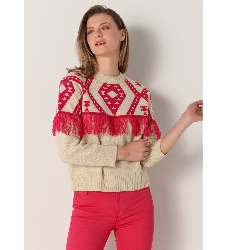 Blusa Lois Jersey com decote quadrado, estampa de losangos e franjas, bege.