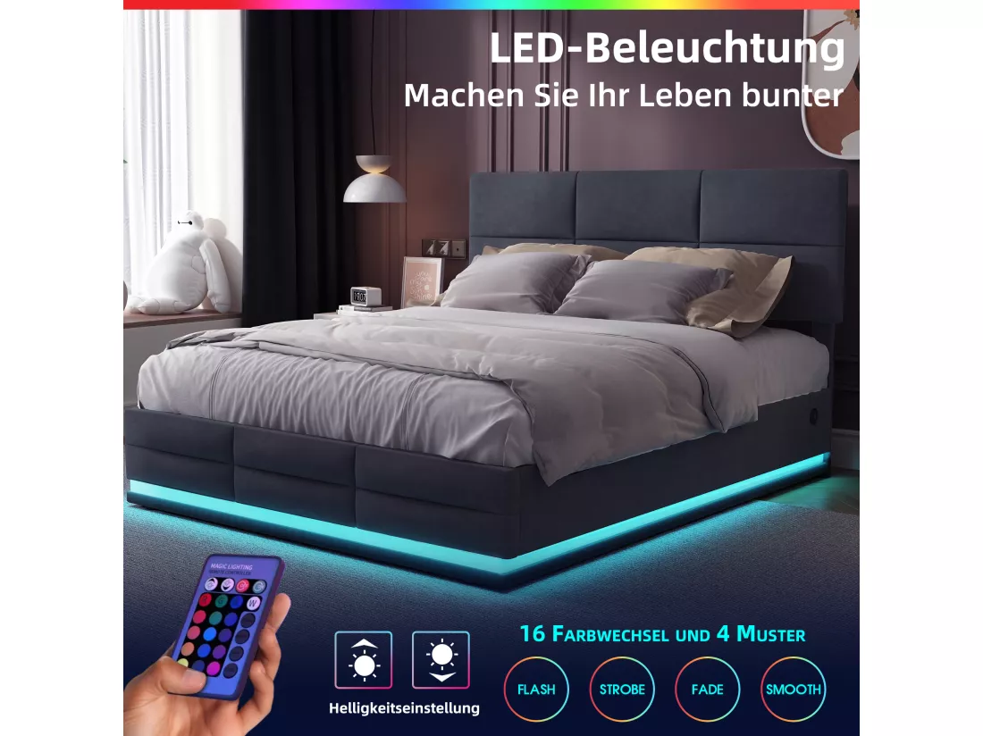 Lit coffre lit double capitonné hydraulique 160 x 200 cm en velours doux pour la peau avec lumières LED et chargeur USB, gris