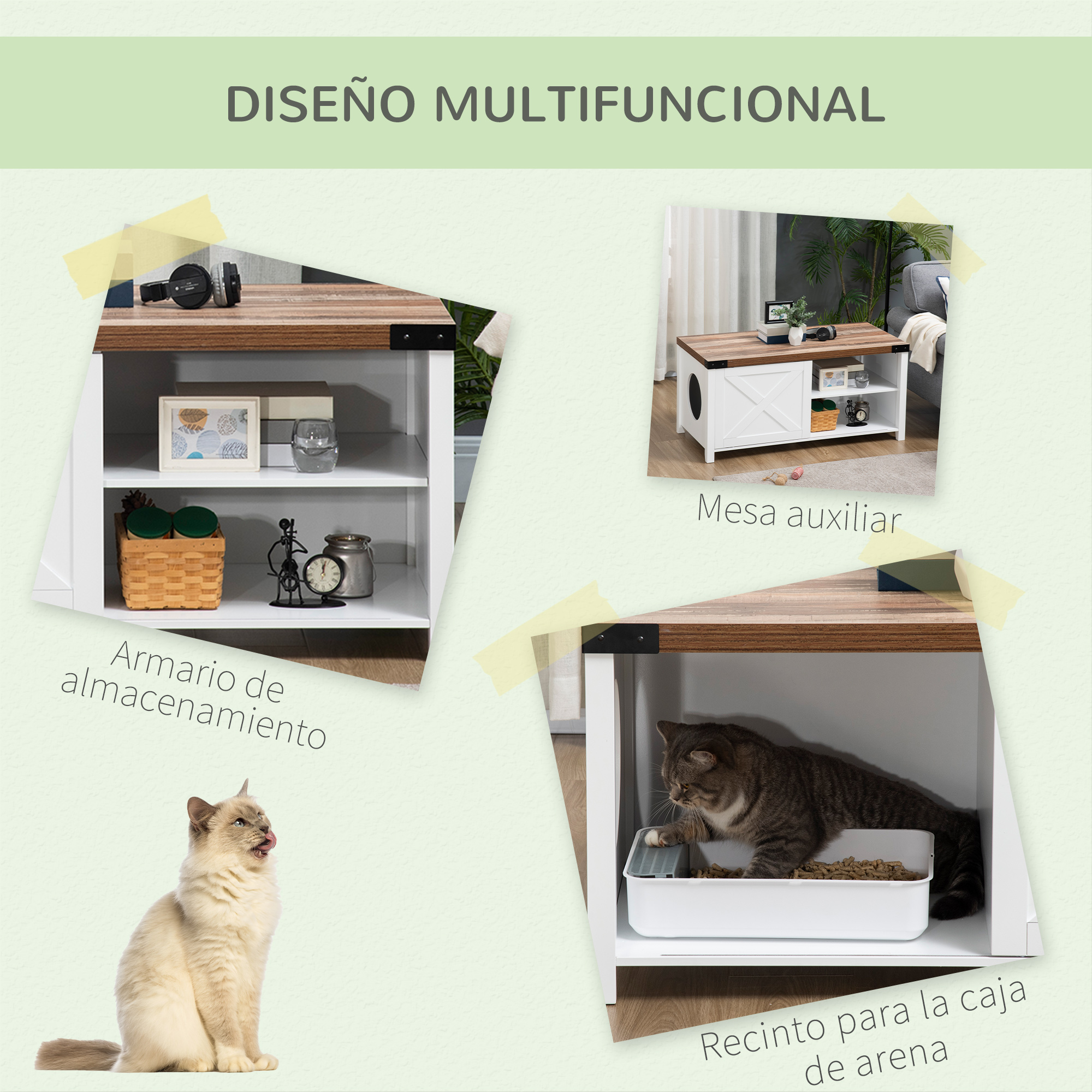 Casinha de madeira 2 em 1 para gatos PawHut com armário de armazenamento, porta deslizante e prateleira interna, 109 x 51 x 52 cm, branca.
