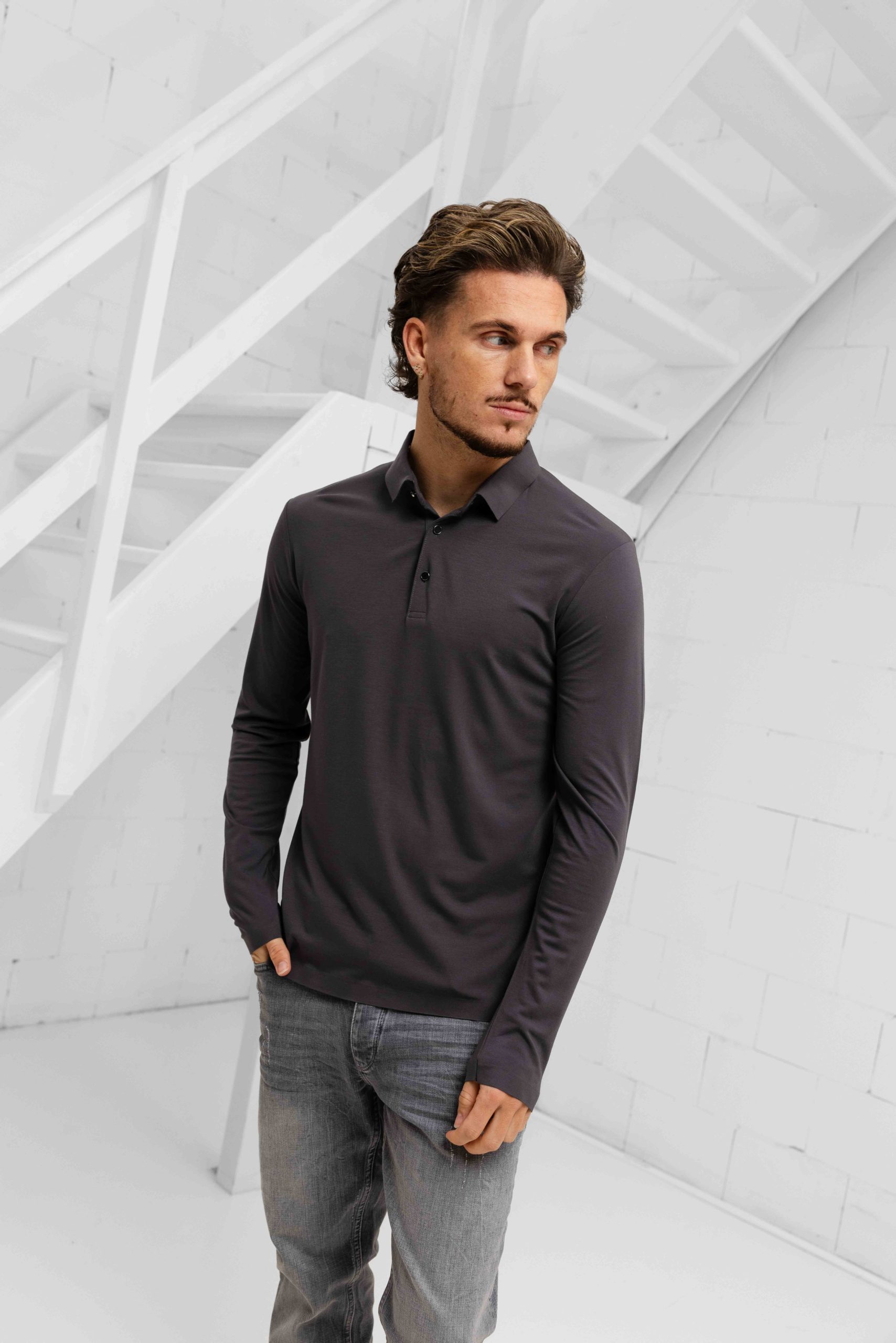 Dadado Bari Lange Mouwen Polo Heren Donkergrijs