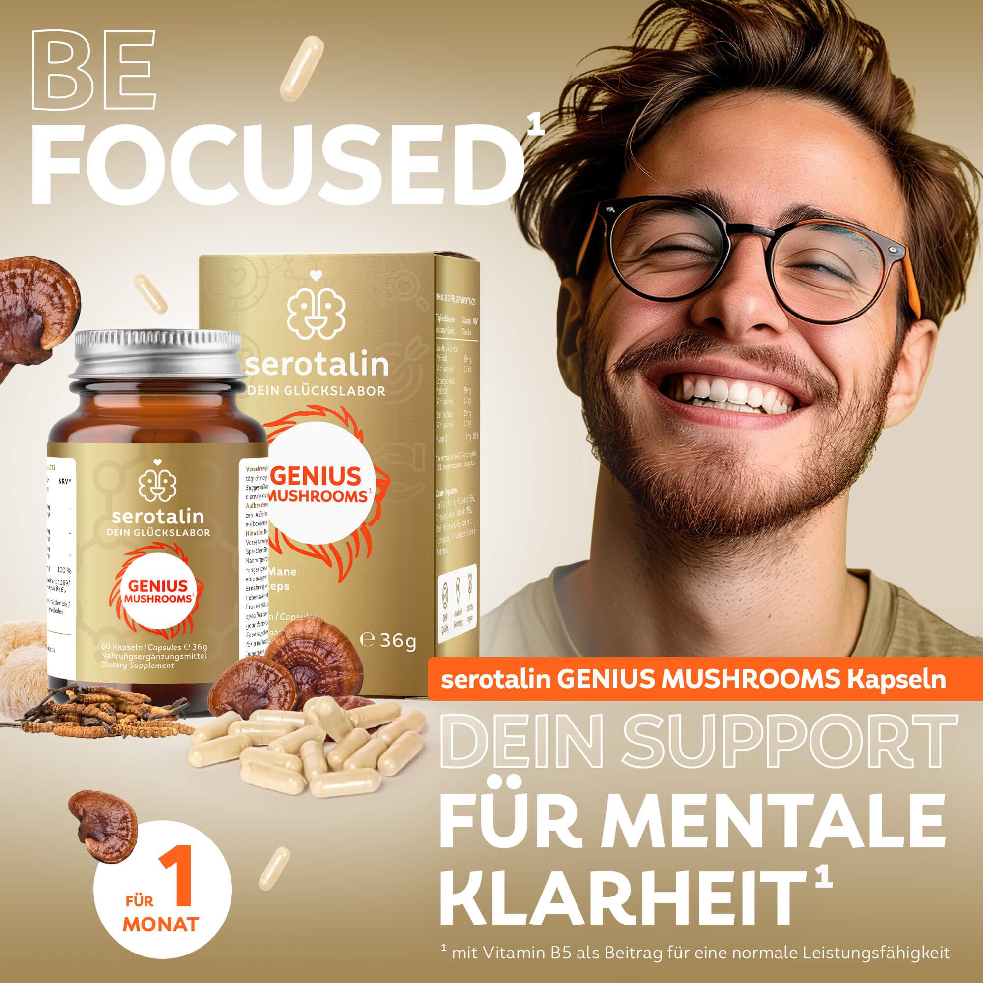 serotalin® GENIUS MUSHROOMS Reishi I Lion's Mane I Cordyceps I 60 Vitalpilz-Kapseln hochdosiert
