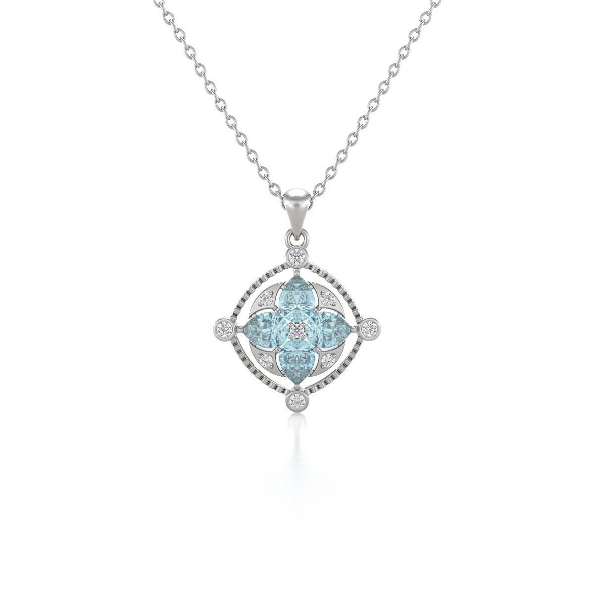 Collier Pendentif Or Blanc Médaillon Aigue-Marine et Diamants - Fête des Mères Élégante et Raffinée | Aden