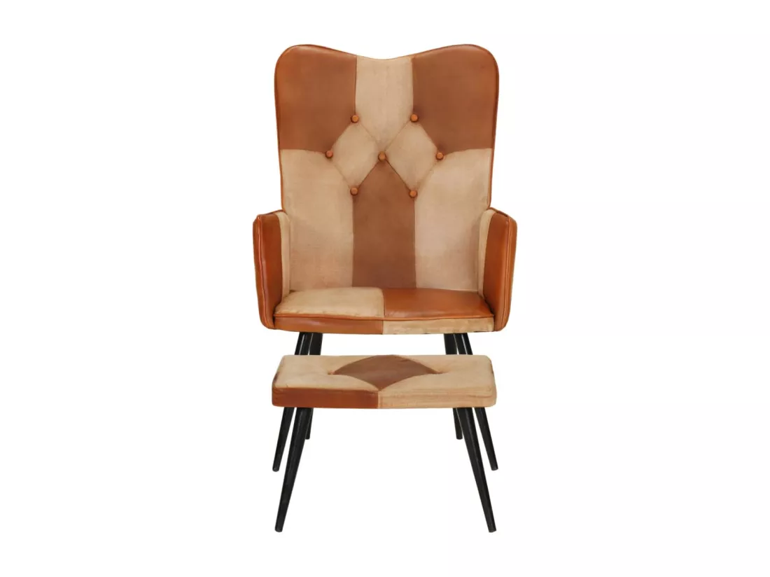 Fauteuil avec repose-pieds Marron Cuir véritable et toile