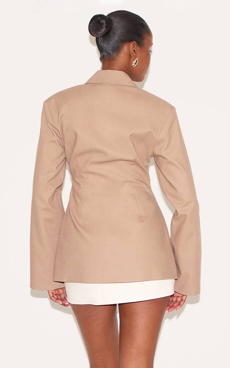 Taupe Blazer Cintré Taille Ajustée Aspect Lin