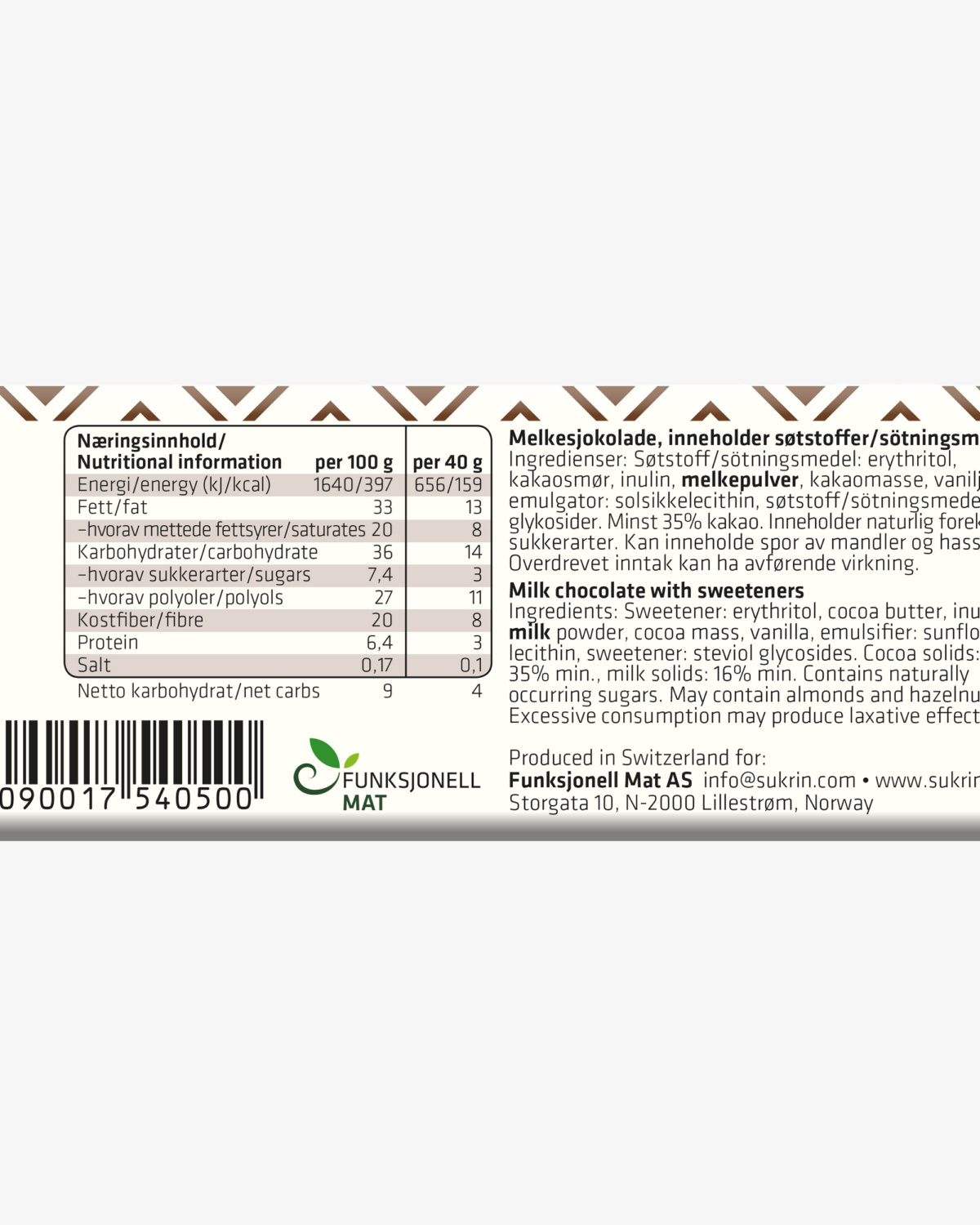 Funksjonell Mat Sukrin Melkesjokolade 40g
