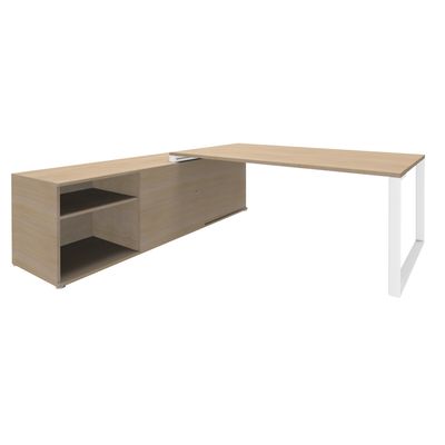 Bureau URBAN Manager - L180 x P100 x H72,5 cm - console retour à gauche (cases) L200 x P60 cm - pieds blanc - plateau imitation chêne clair