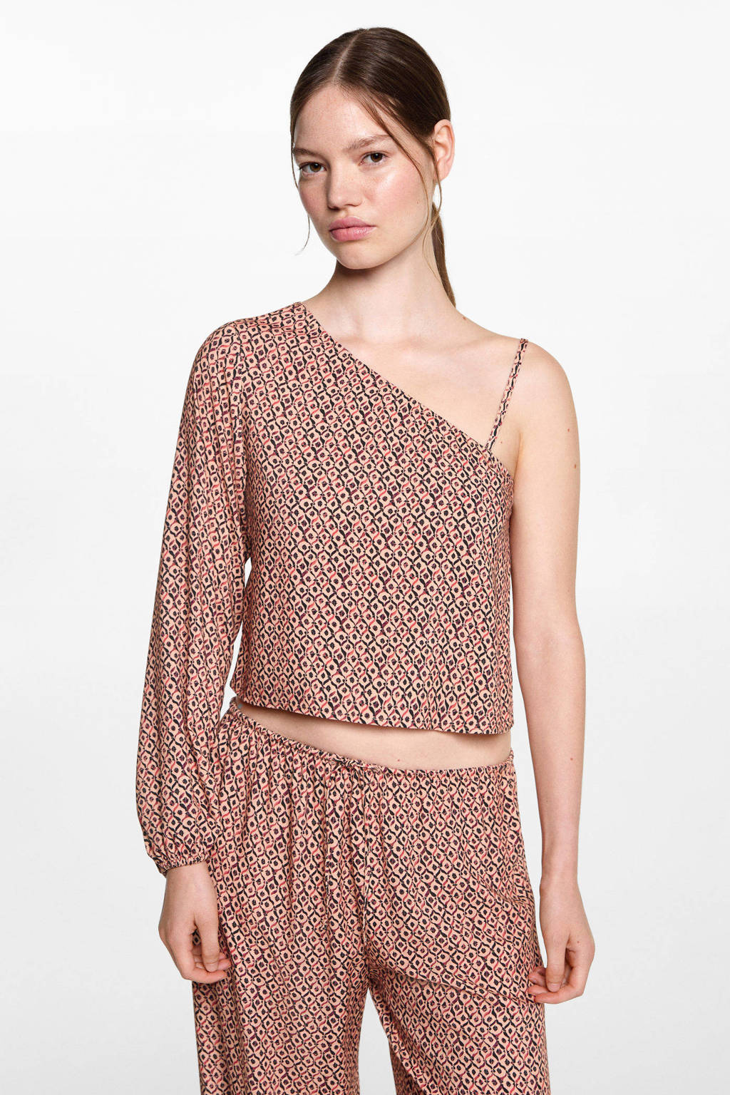 MANGO TEEN one shoulder top met all over print lichtoranje/zwart