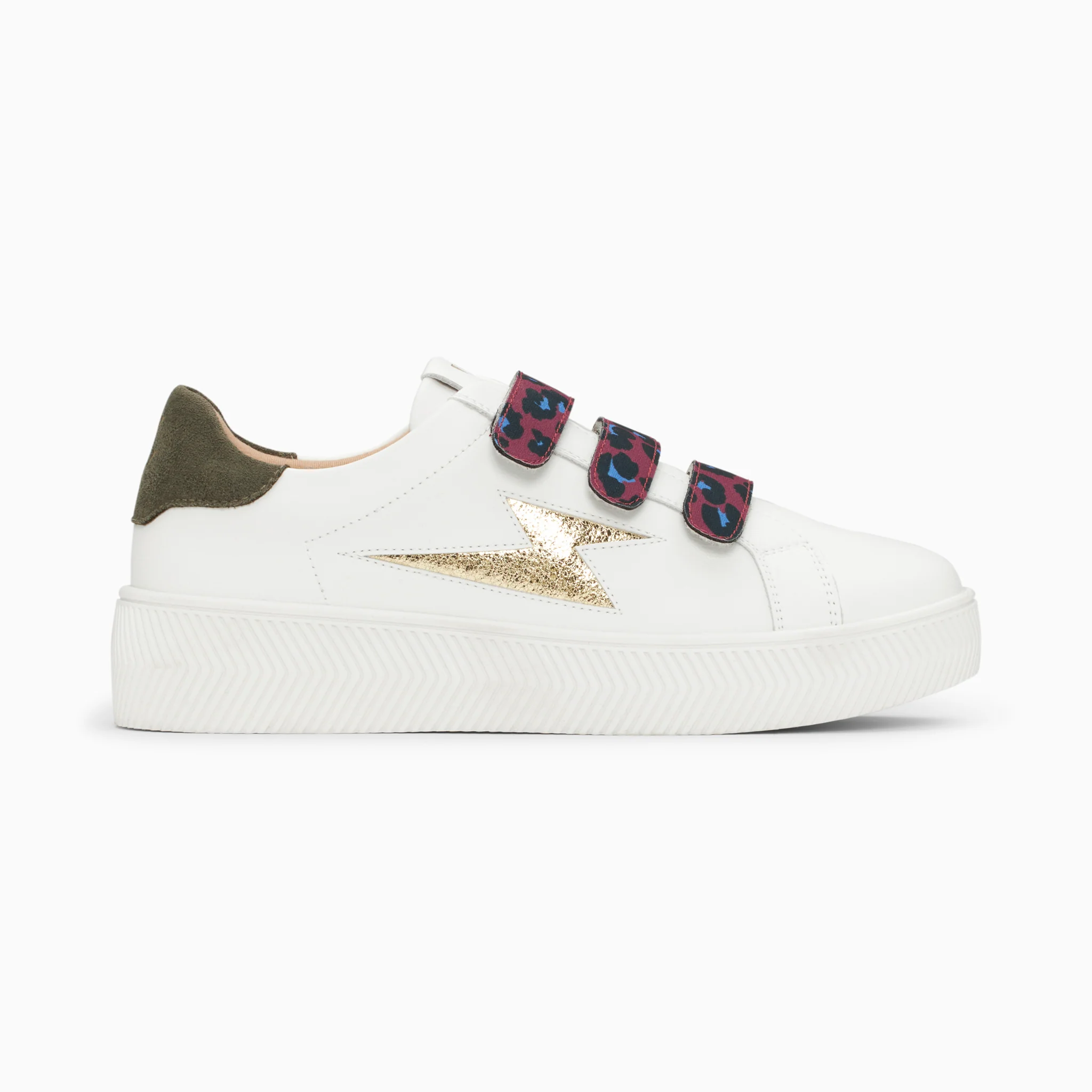 Sneakers-Baskets éclair Noura blanc et or à scratchs léopard
