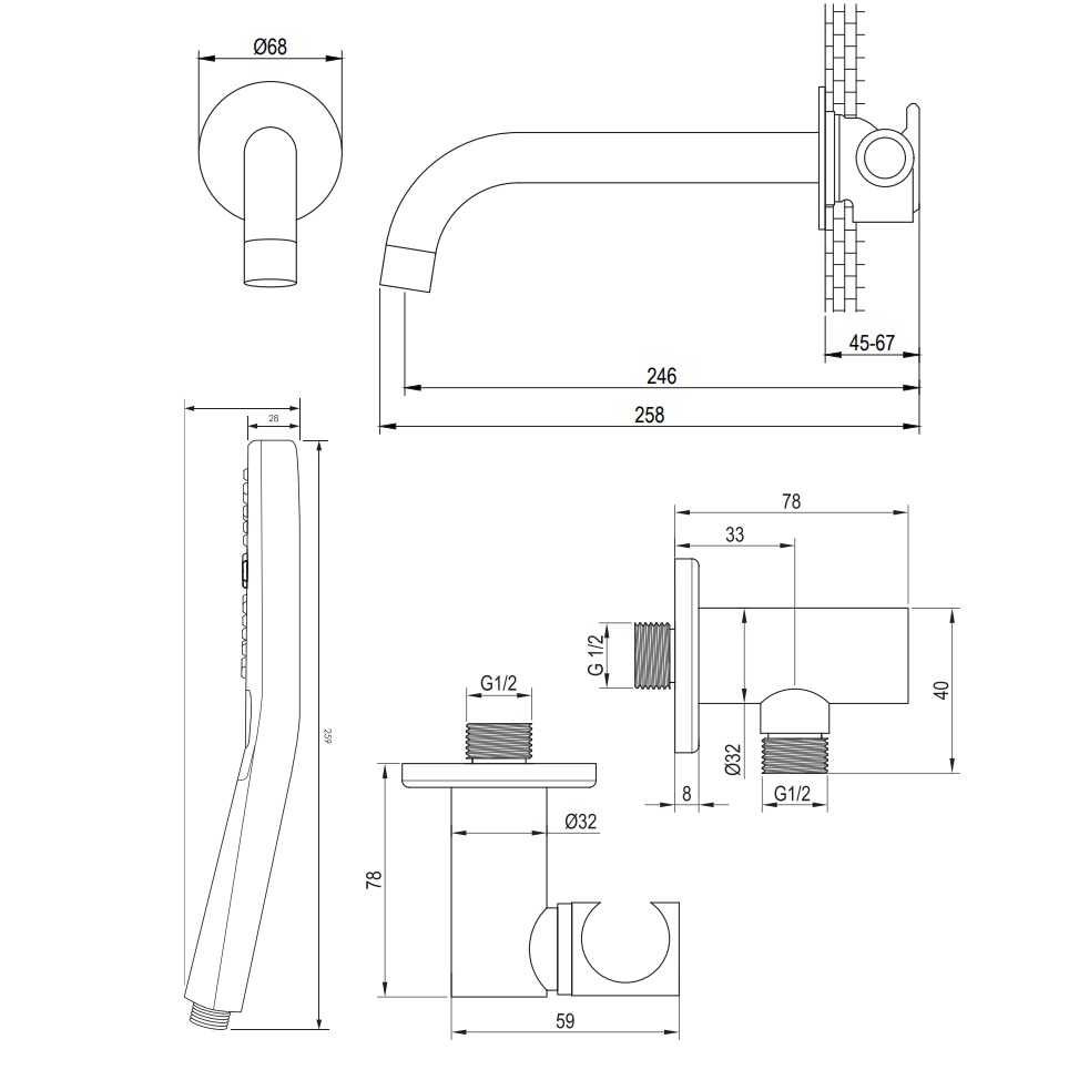 Brauer Brushed Carving thermostatische inbouw badkraan met uitloop en 3 standen handdouche set 4 RVS geborsteld PVD