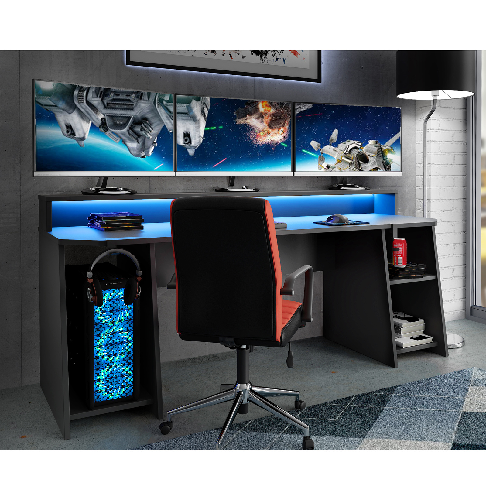Gamer-Schreibtisch - schwarz - mit LED-Beleuchtung - 200 cm breit