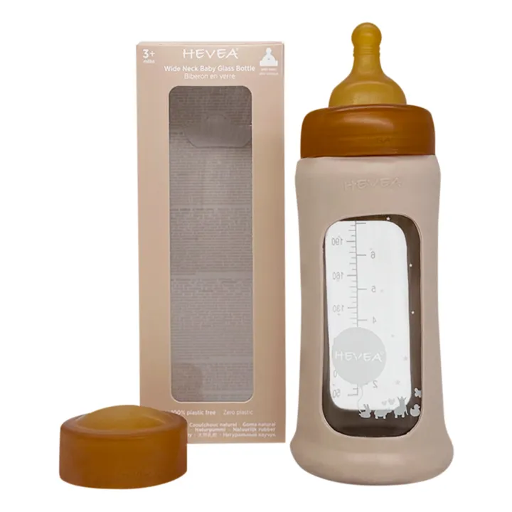 Hevea Biberon en verre à col large avec housse de protection Débit moyen | Sable
