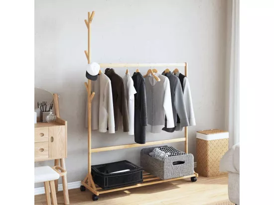 Porte vêtements avec crochets et roulettes 100x35x157 cm bambou