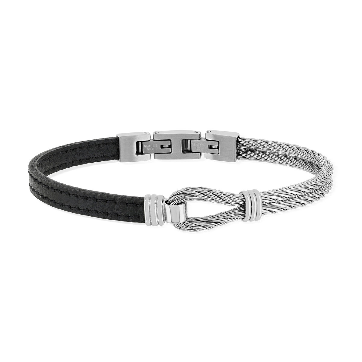 Bracelet cuir noir acier noeud marin
