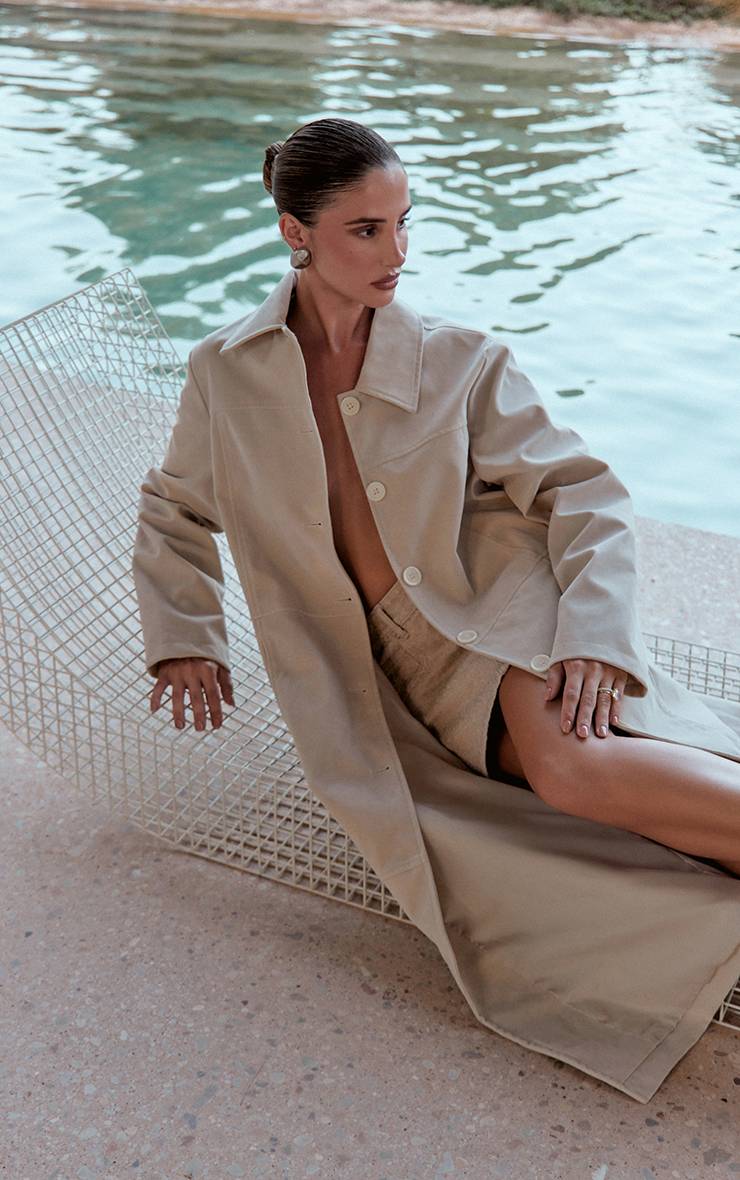 Ecru Manteau Long En Synthétique À Boutons