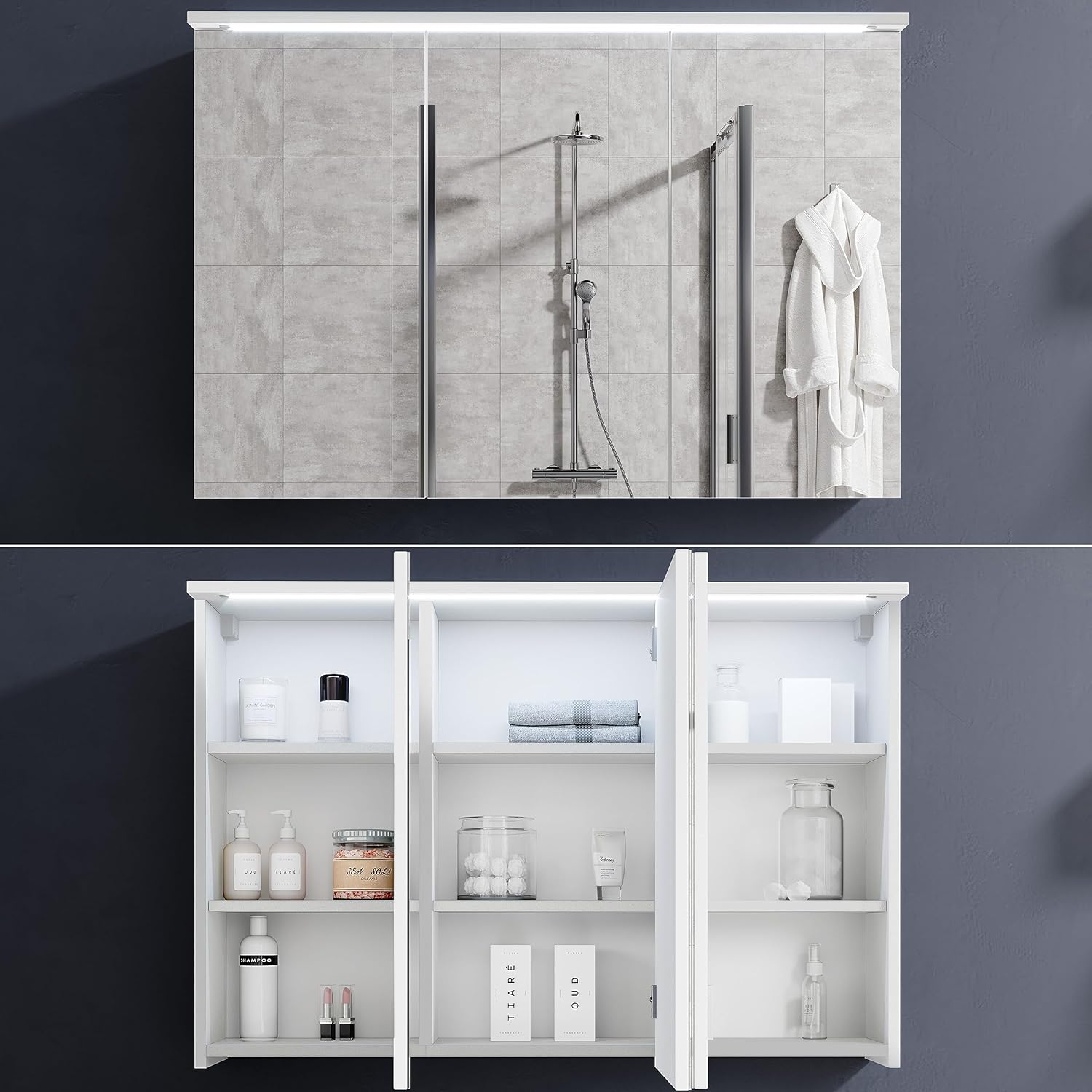 Stella Trading TWO Spiegelschrank Bad mit LED-Beleuchtung in Weiß - Badezimmerspiegel Schrank mit viel Stauraum - 100 x 68 x 22,5 cm (B/H/T)