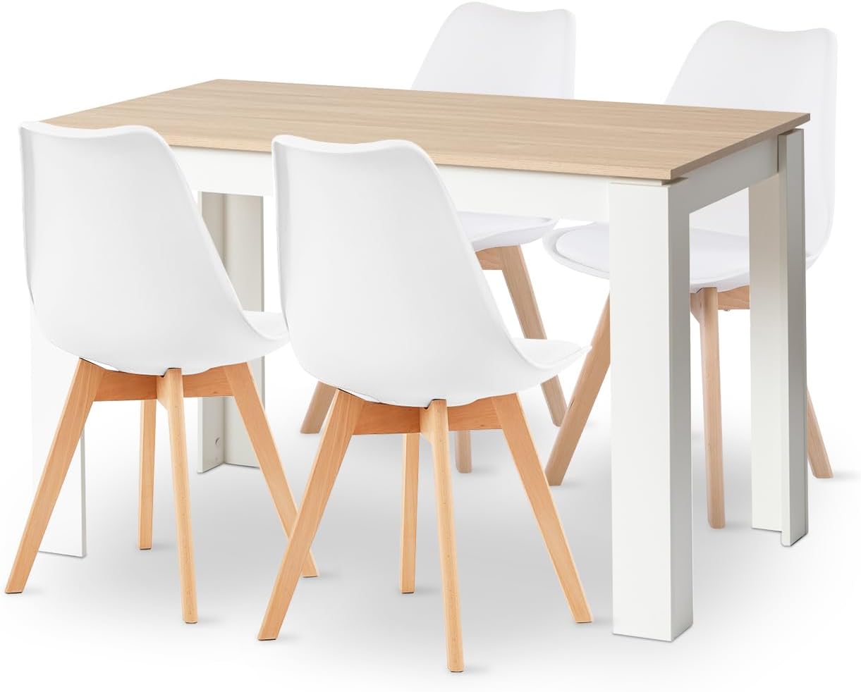 Esstisch mit 4 Stühlen Esszimmergruppe, 4er Set Esszimmerstühle und 120CM Rechteckig Holztisch Essgruppe für Wohnzimmer Küche Büro (Eiche-Weiß Tischbein Tisch+4 Weiß Stühle)