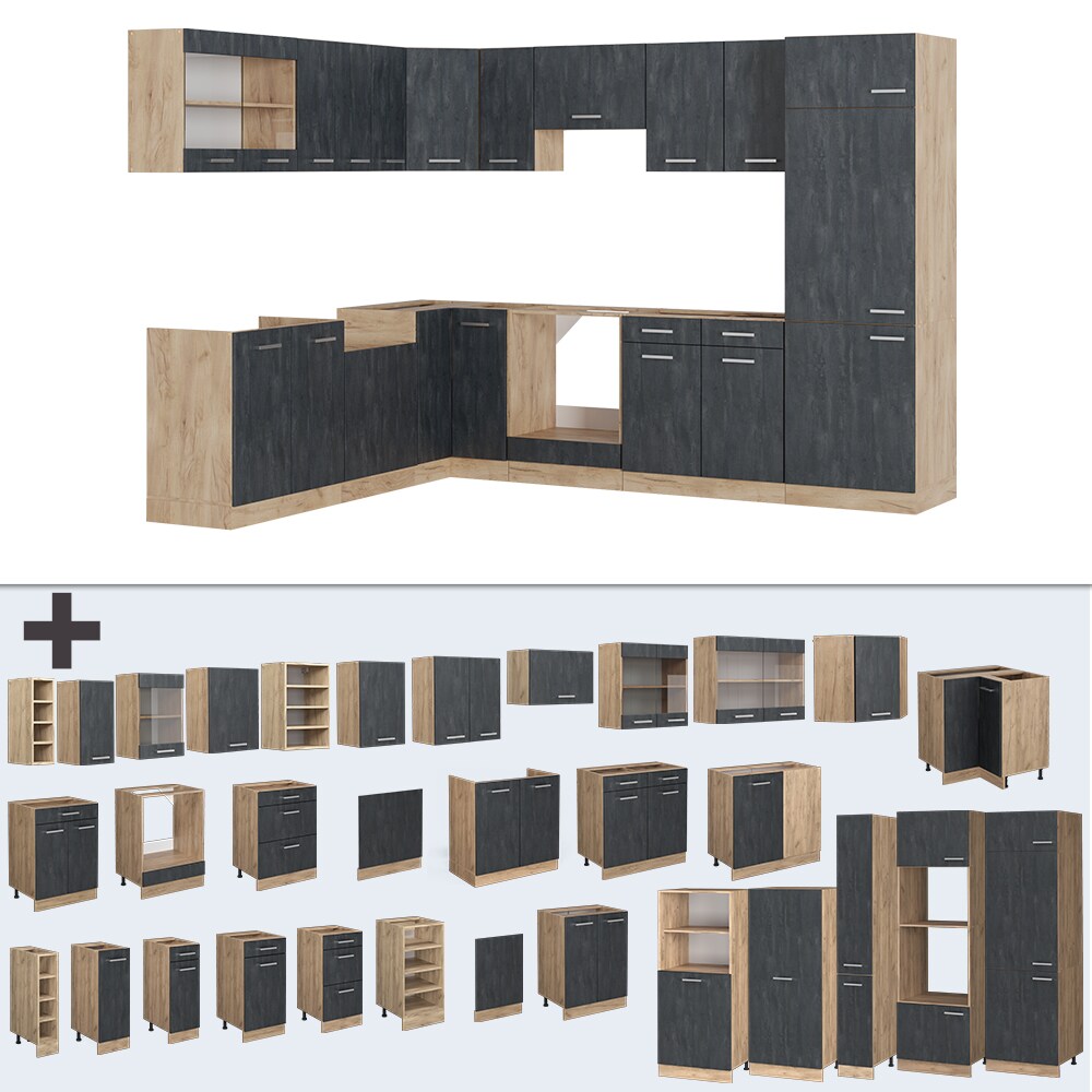 Vicco Eckküche R-Line 287x227 cm Schwarz Beton Eiche ohne Arbeitsplatte