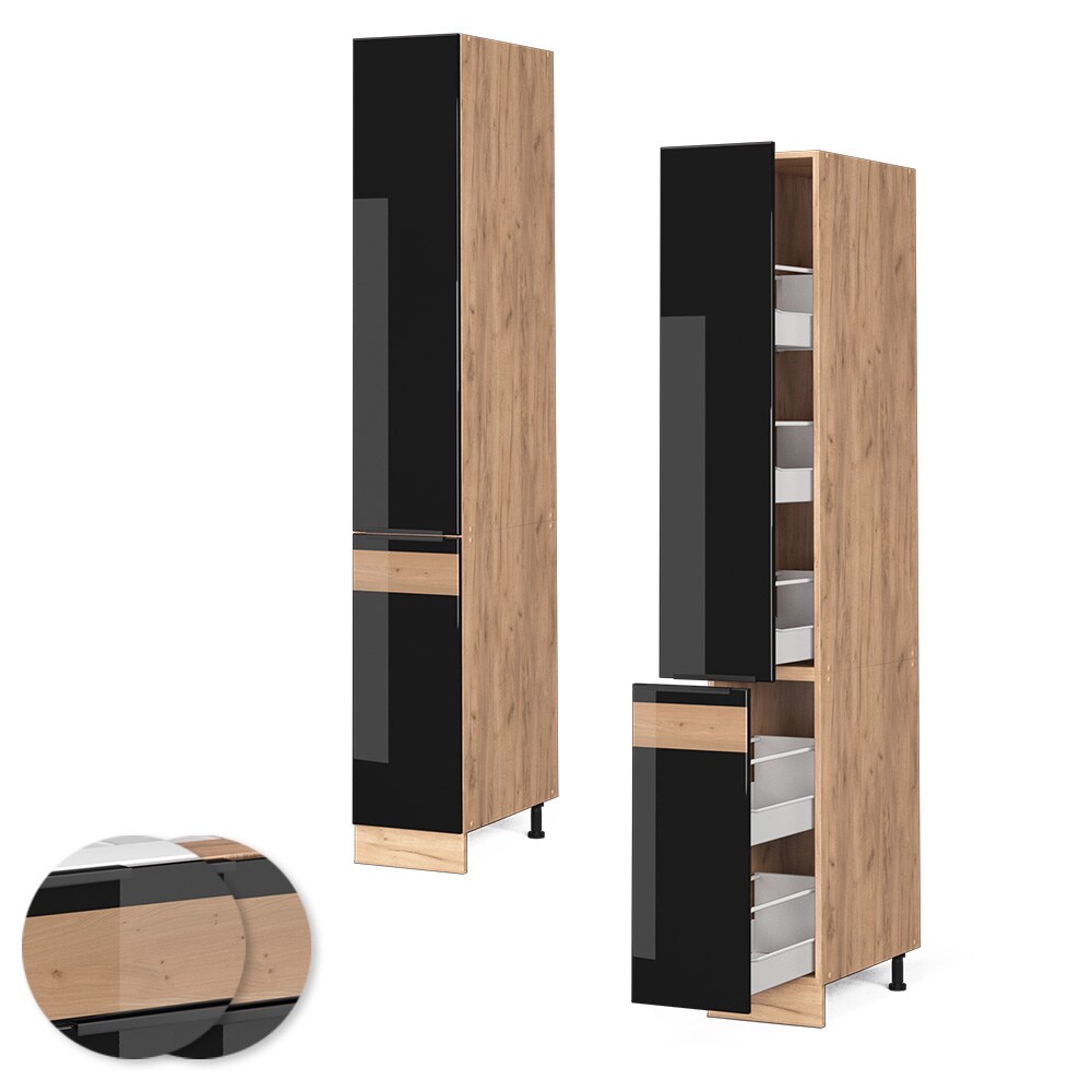 Vicco Apothekerhochschrank Küchenschrank Küchenmöbel Fame-Line Eiche Schwarz 30 cm modern Hochglanz