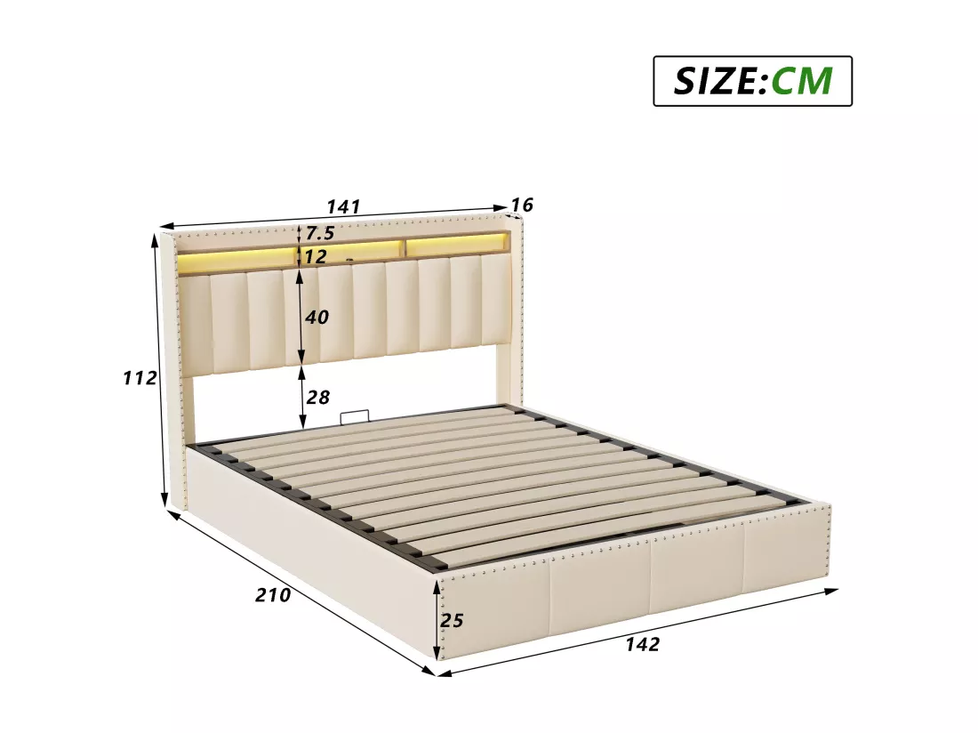 Lit Coffre 140×200cm, Lit Rembourré en Velours Beige, avec Port USB, Port de Type-C et LED, Coffre de Lit Rangement, Sommier