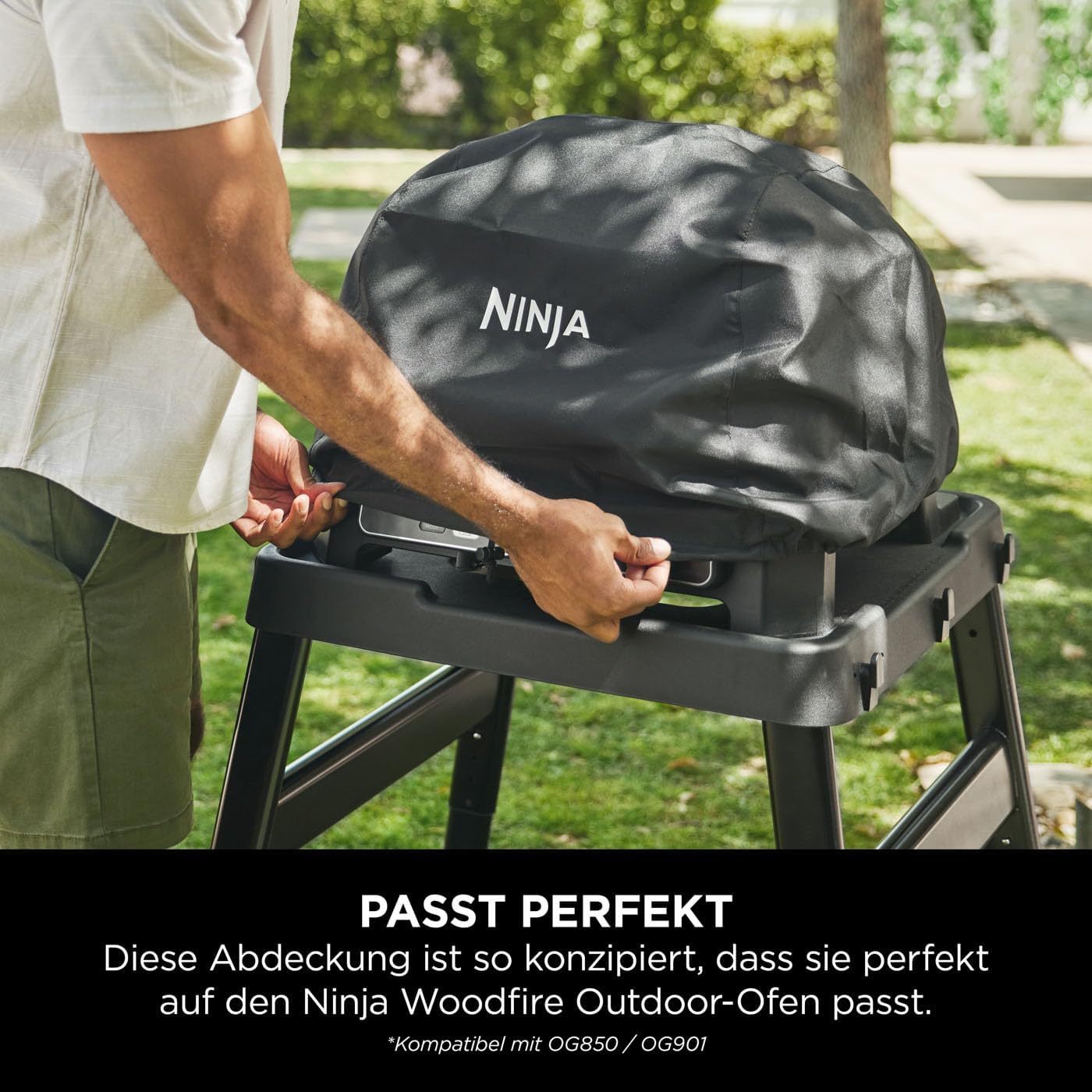 Ninja Woodfire verstellbarer Ständer und Beistelltisch, Außenofen- und Grillständer & Woodfire XL Grillabdeckung, offizielles Ninja-Zubehör