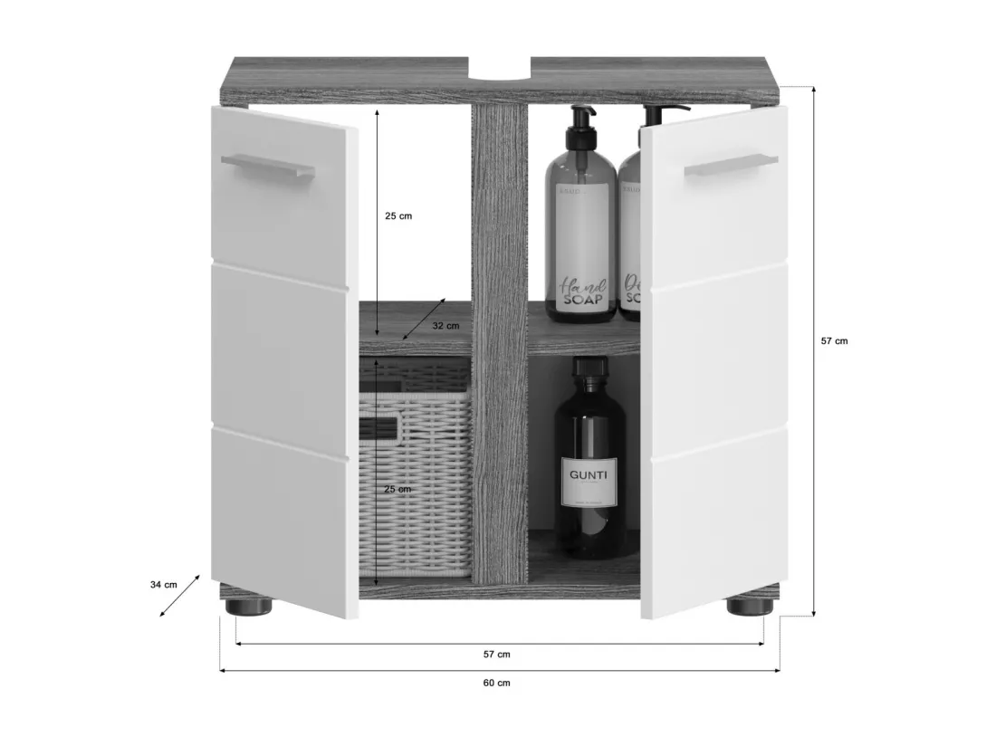 Meuble sous vasque WILLIAM – Gris foncé et blanc – 57x60x34 cm – 2 portes