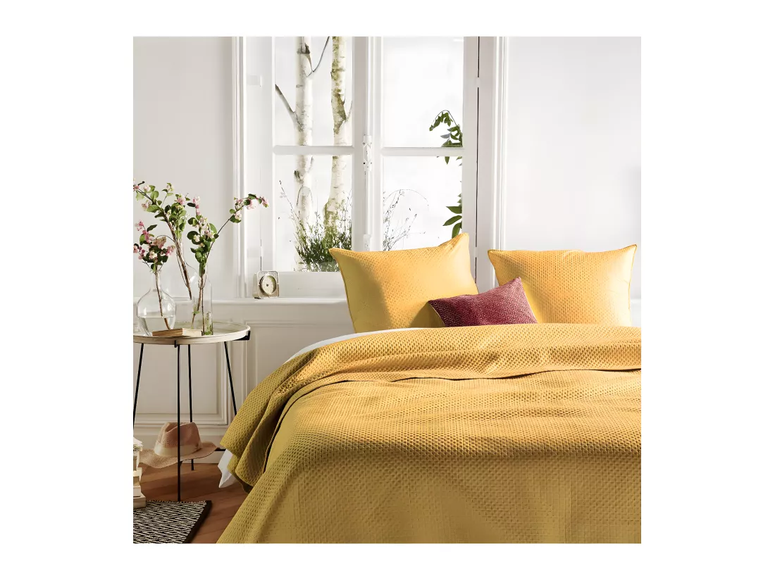 Dessus de lit Jaune moutarde 240 x 260 cm avec 2 Taies
