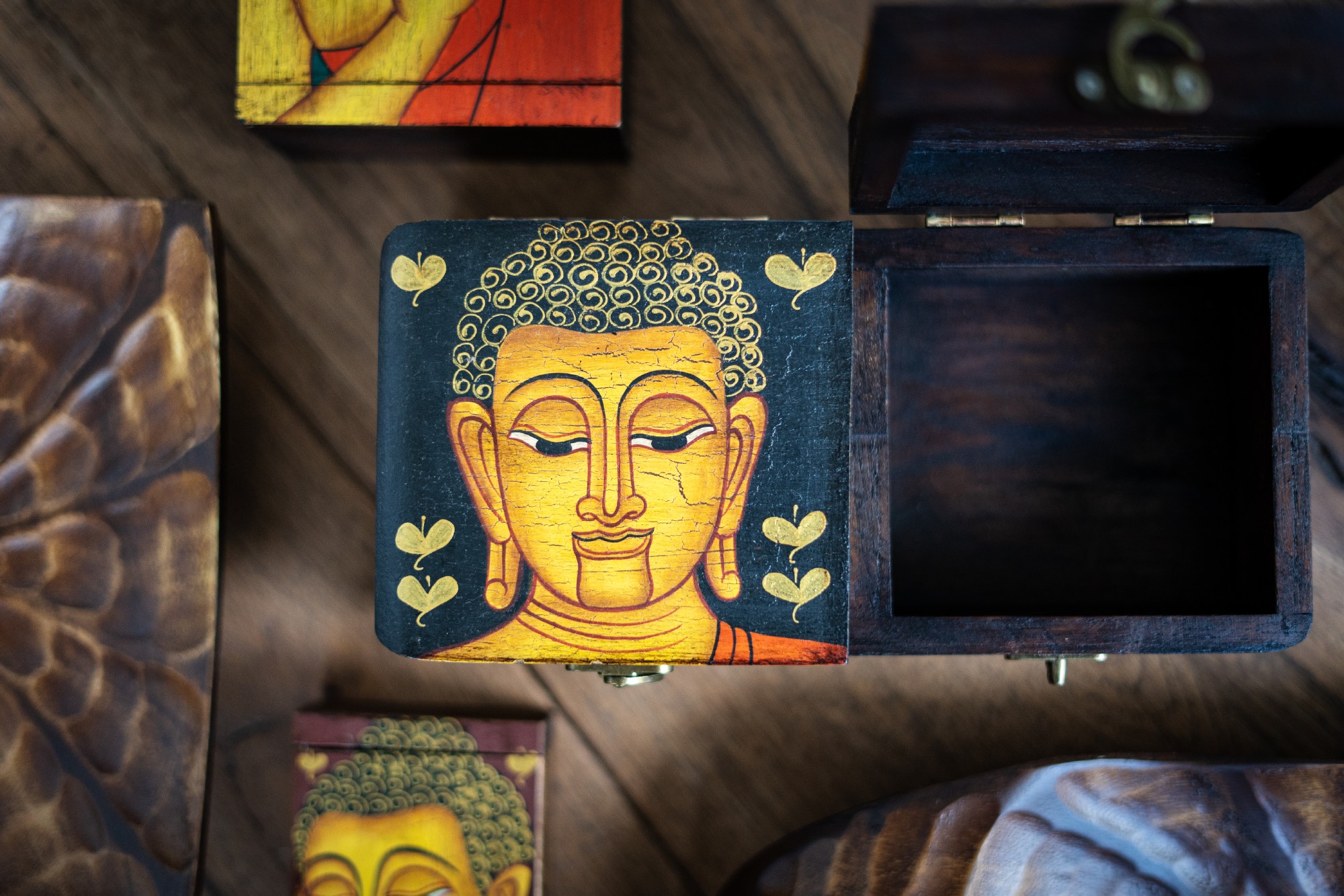 Doppel-Holzschatulle 'Buddha blau', Teak, L 11 cm, B 24 cm, H 9 cm von fischer's lagerhaus