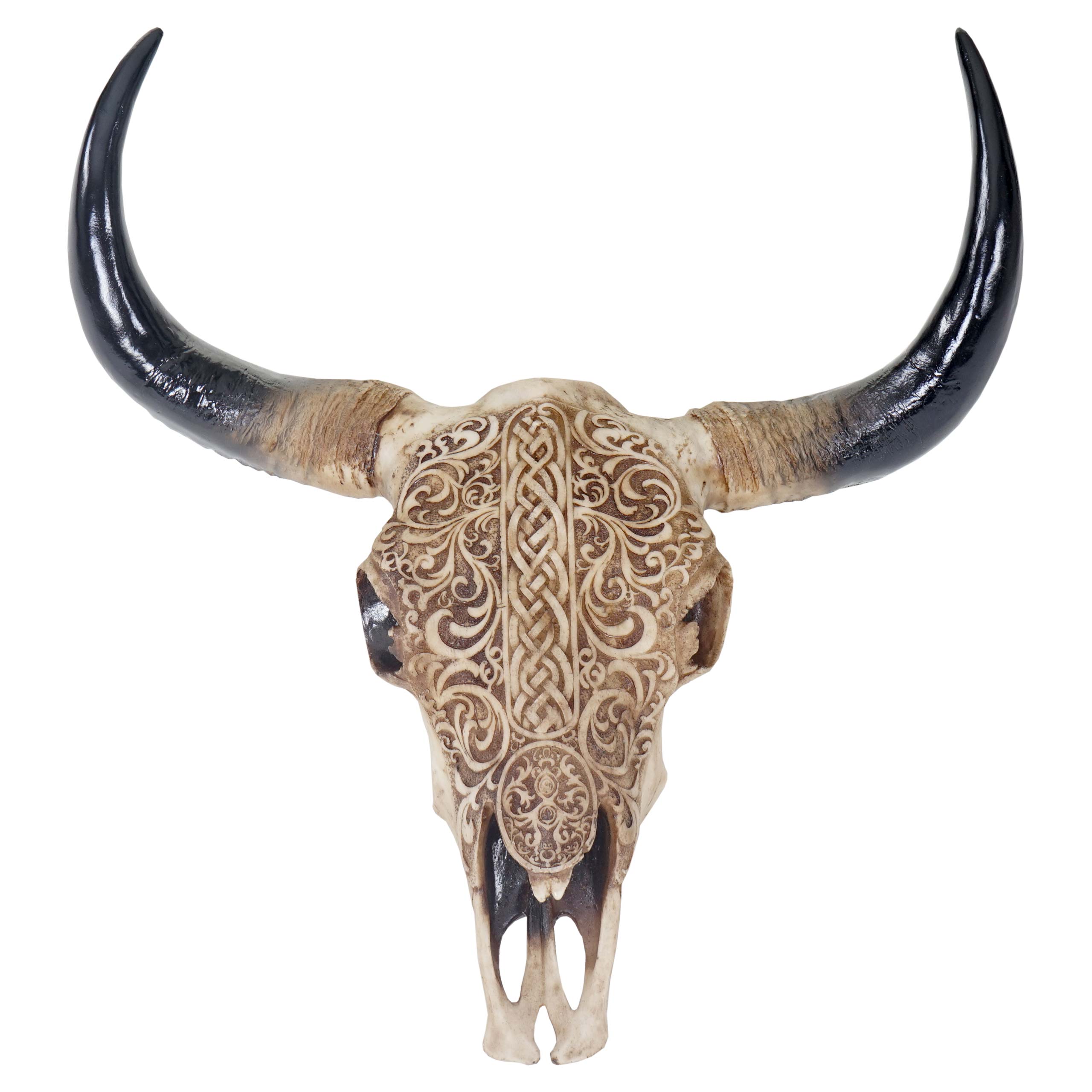 Deko Schädel 65cm MCW-T454, Polyresin Stier Bulle Longhorn Kopf Trophäe mit Tribal, In-/Outdoor