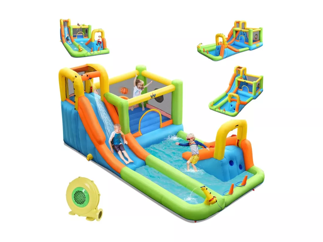 Château Gonflable 8 en 1 avec 2 Toboggans, Parc Aquatique avec Maison de Saut, Mur d'Escalade, Panier de Basket, Sac de Transport, Charge 135kg pour 3 Enfants de 3-10 Ans (Avec souffleur 680W)