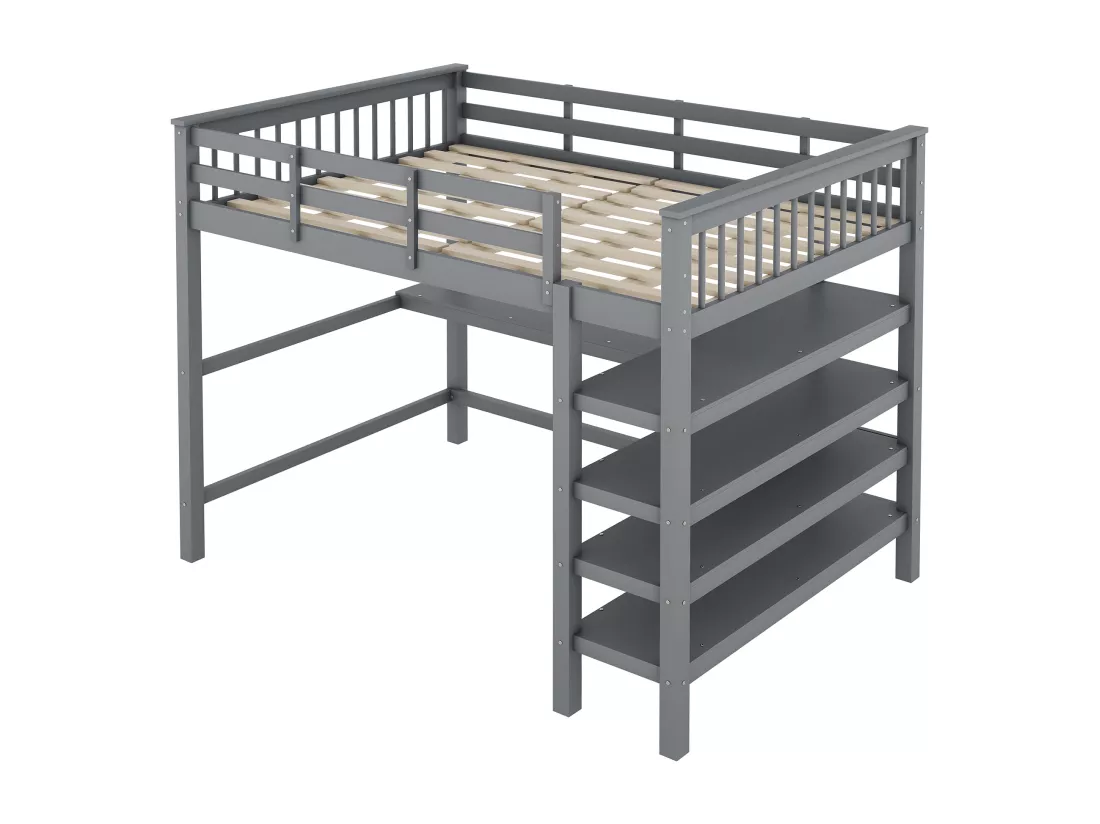 Lit mezzanine 140 x 200 cm avec bureau et étagères de rangement - Bois de pin + MDF - Gris