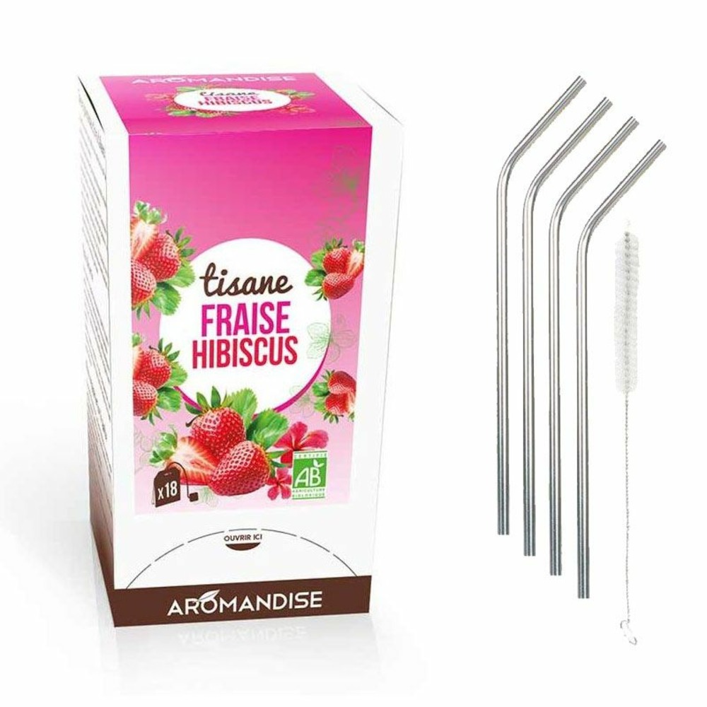 Tisane fraise et hibiscus bio 20 sachets + 4 pailles inox