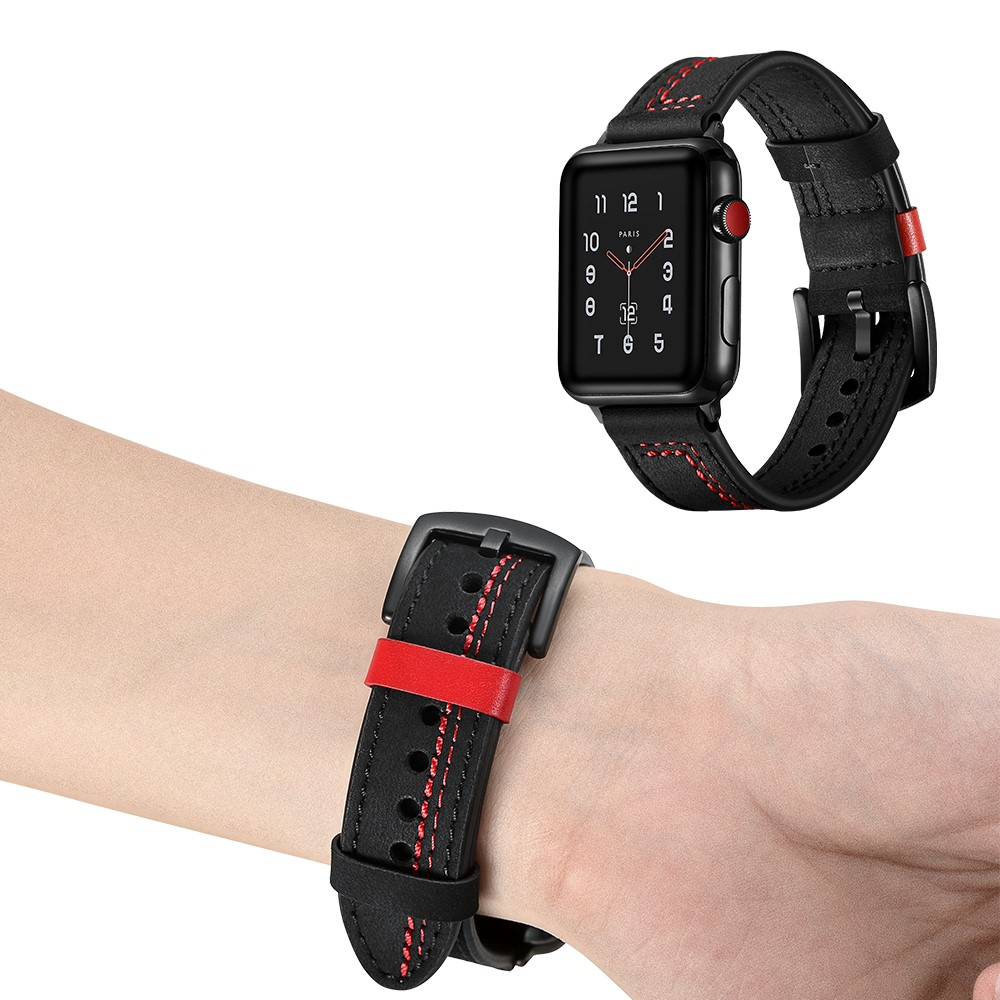 Apple Watch (49/46/45/44 mm) Ersatz Echtleder Stripes Armband (Gelenkumfang: 175-220mm) - Schwarz / Rot