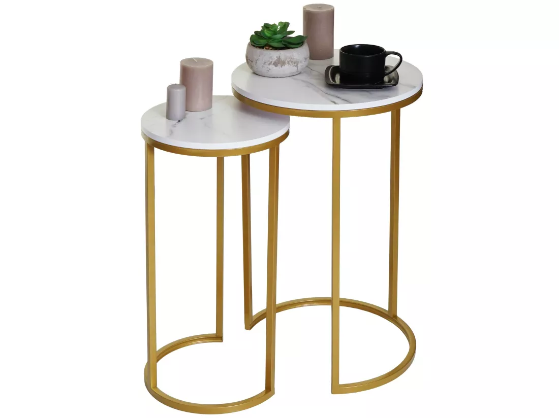 Lot de 2 tables d'appoint MCW-K46, blanc-or