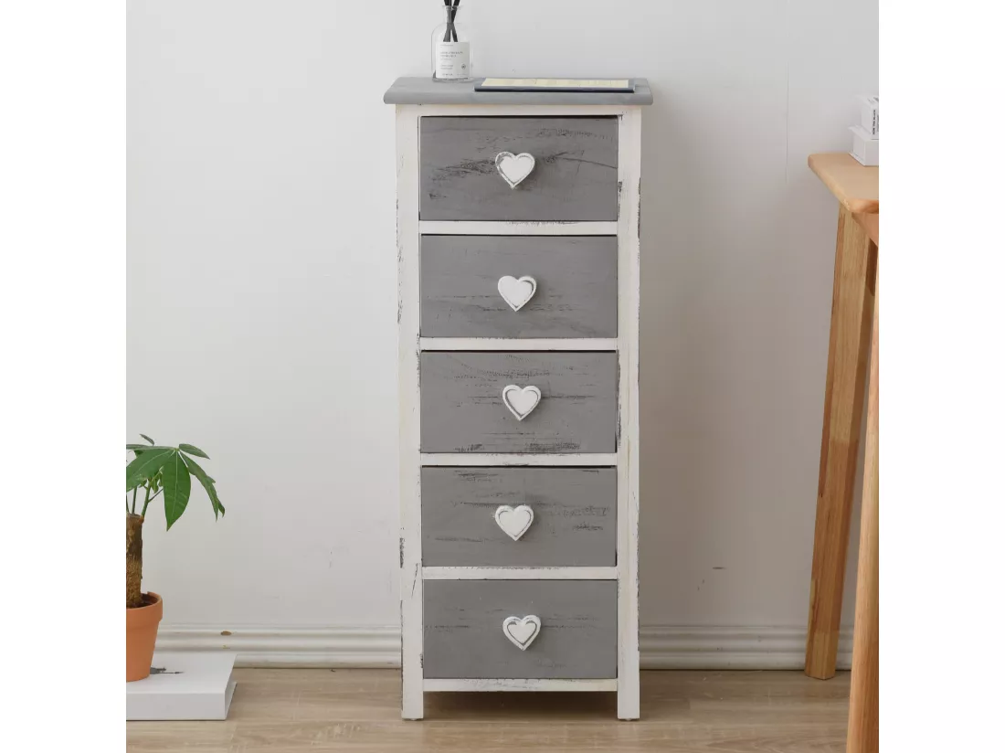 Commode Table 5 Tiroirs Bois Gris Cœur Shabby 84x35x27