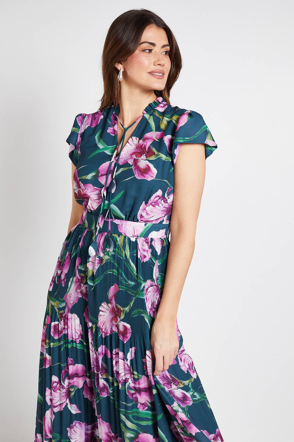 Wallis Robe Midi Plissée À Col Volants Et Motif Floral