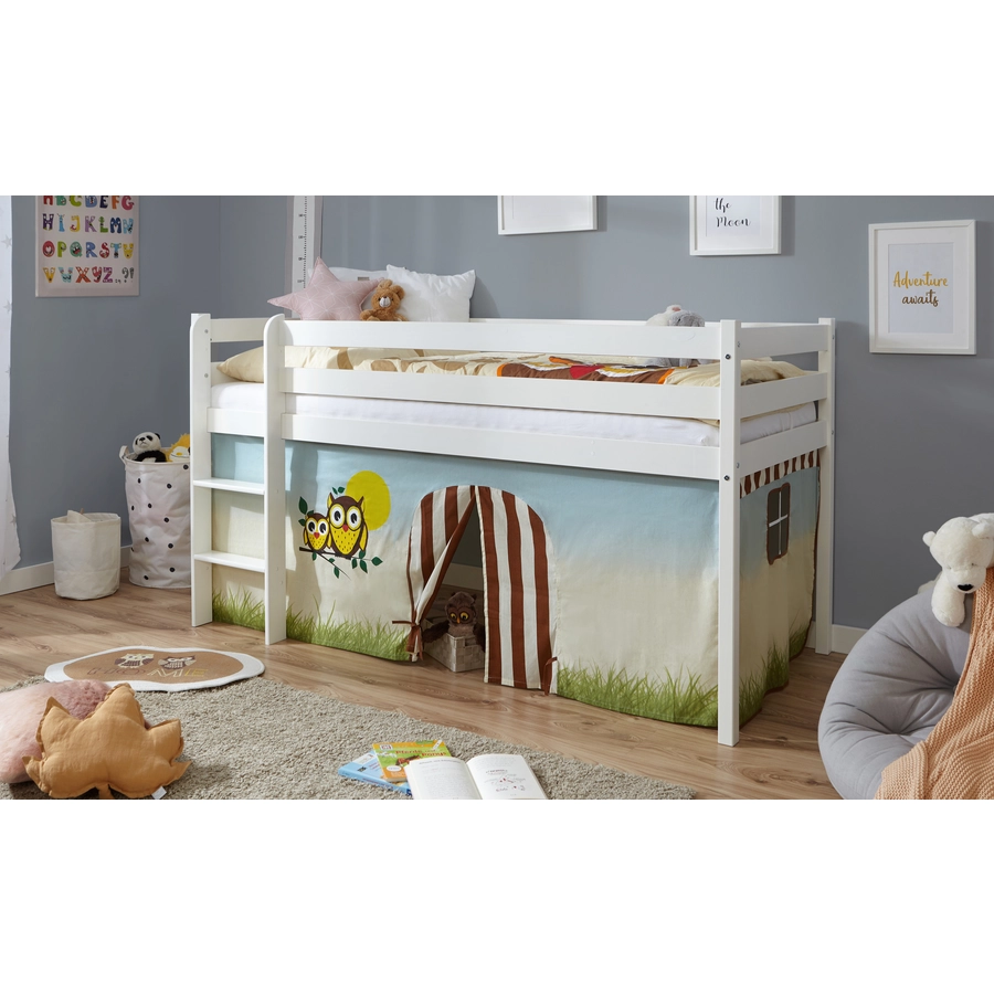 TICAA Hochbett Kiefer Weiß Vorhang Eule Weiß