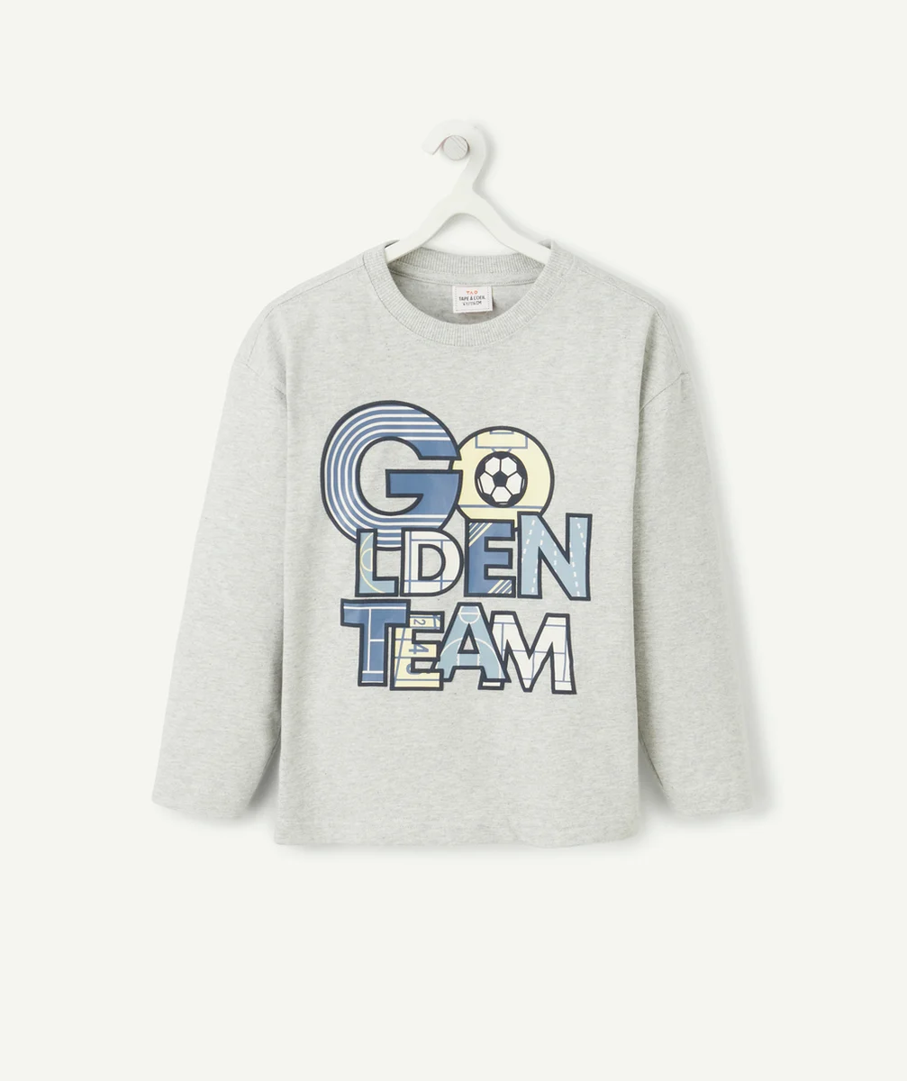 T-SHIRT GARÇON EN COTON BIO GRIS CHINÉ AVEC MESSAGE THÈME BASKET