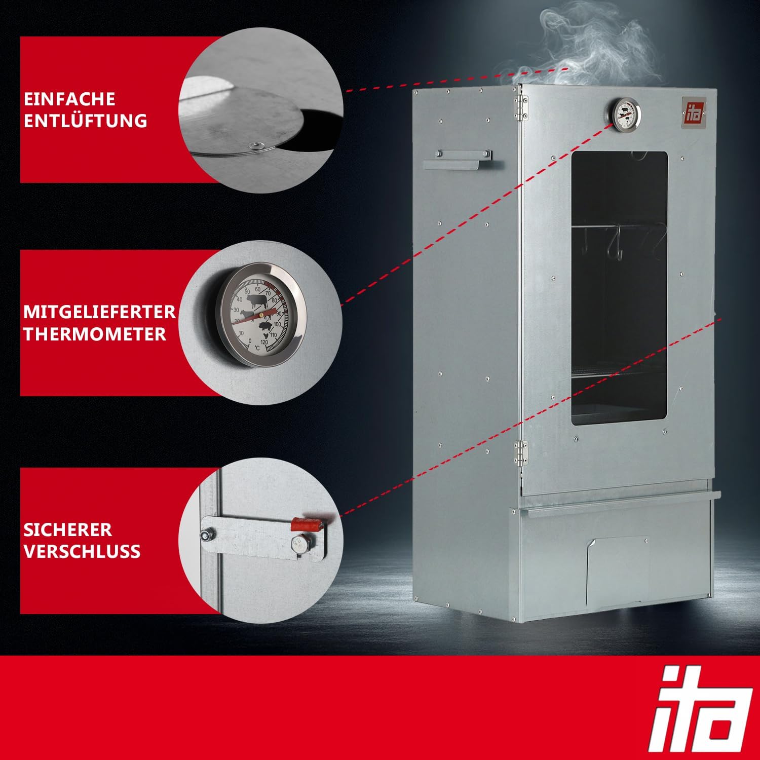 ITA Räucherofen 7002 - Smoker Set mit Rauchgenerator, Tisch - Räucherschrank mit Fenster & Thermometer - Edelstahl - EU Qualität, Direkt vom Hersteller - 81 cm mit 3 Etagen