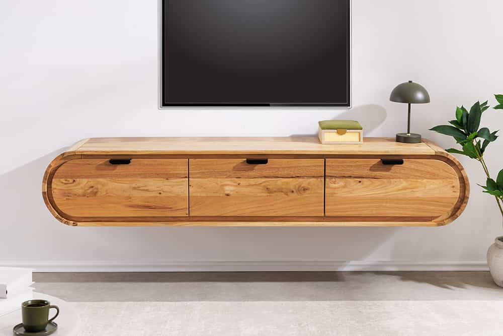 Hängendes TV-Board ORGANIC 160cm natur Akazienholz massiv handmade mit Schubladen