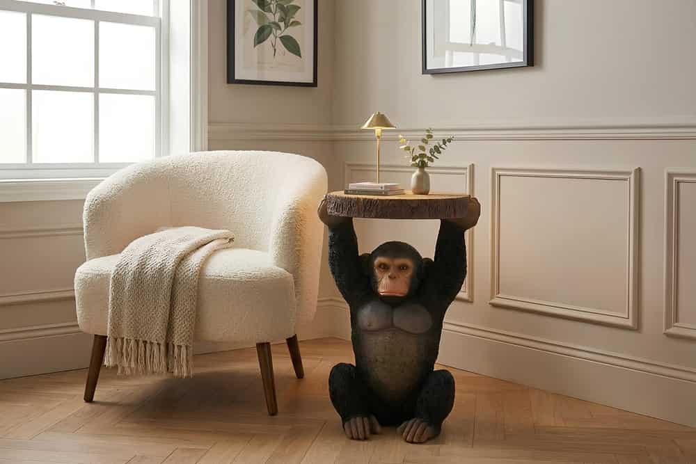 Runder Beistelltisch MONKEY 55cm schwarz grau Affen-Skulptur handmade