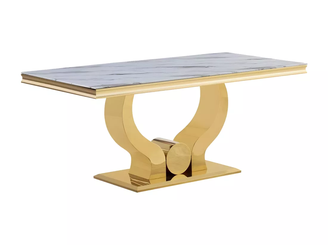 Table à manger trofy 4 à 6 personnes gold verre marbré blanc 150x90x75cm