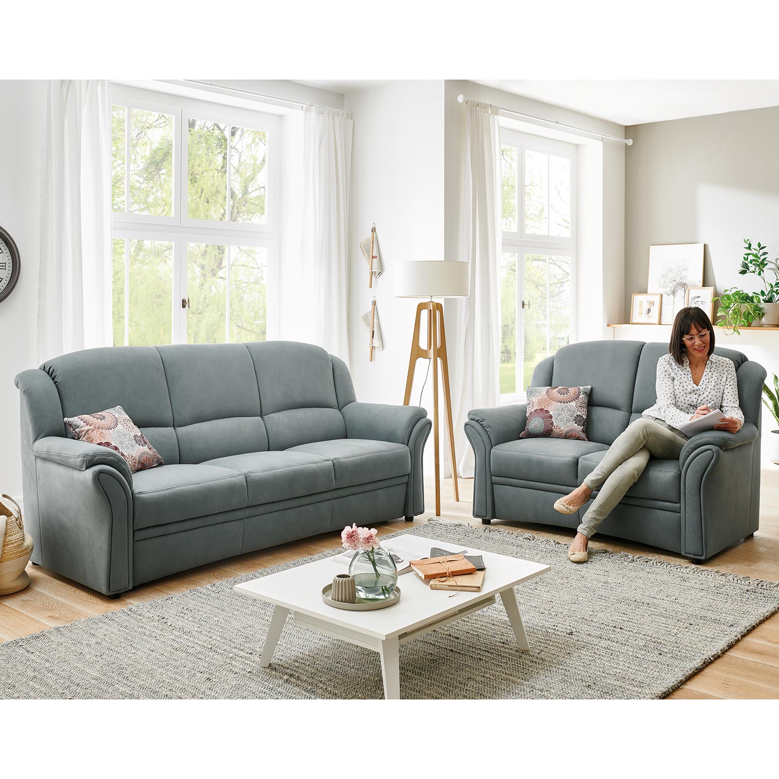 polsterpower 2-Sitzer-Sofa - grau-blau - Microfaser
